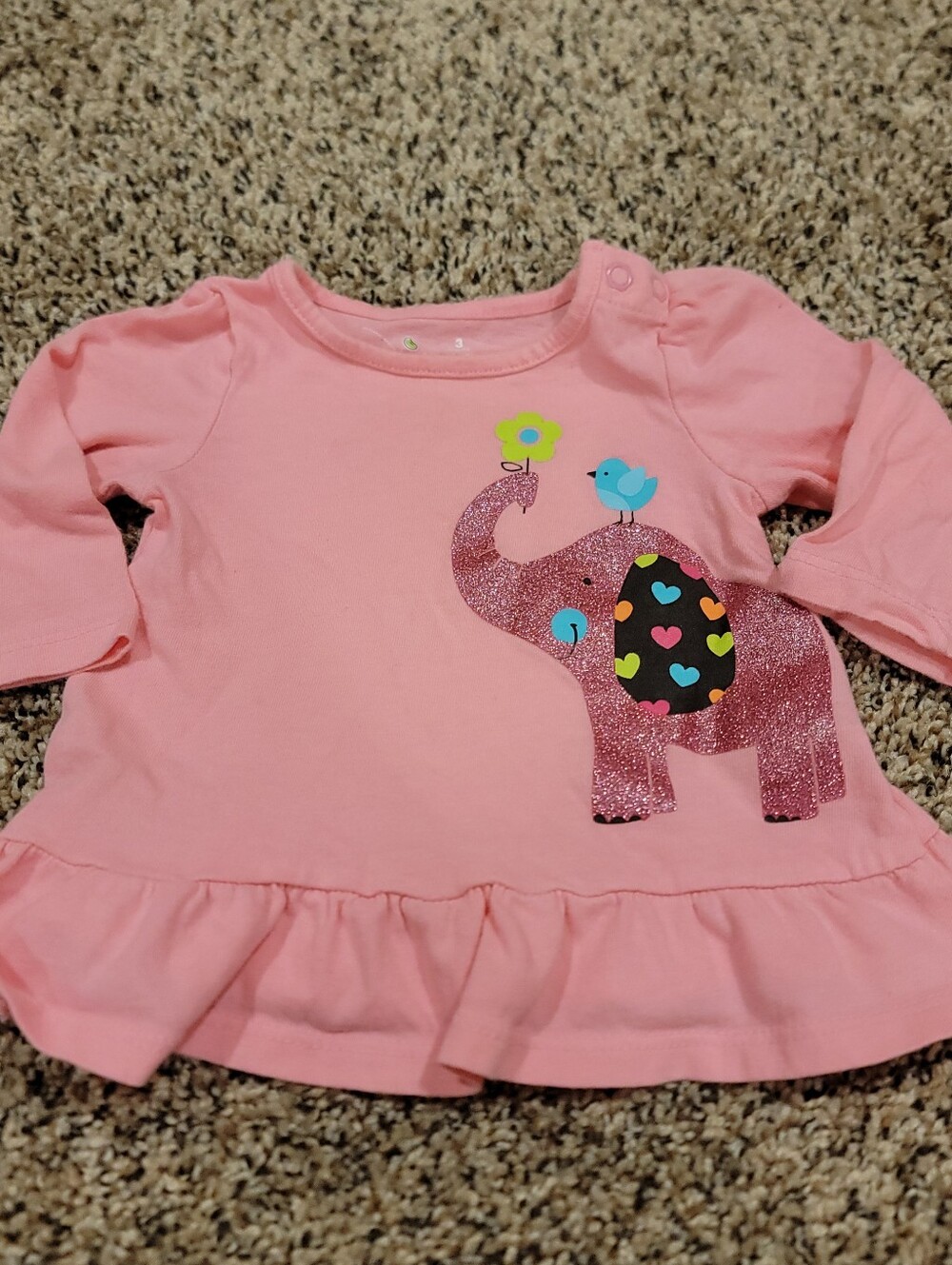 Jumping Beans‎ Pullover Ruffle T Shirt Infant Girls 3M Pink Long Sleeve Elephant